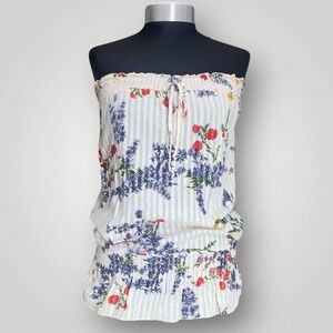 Nicolette Floral Tube Top Striped Sleeveless Smocked 100 Cotton Women's sz Small